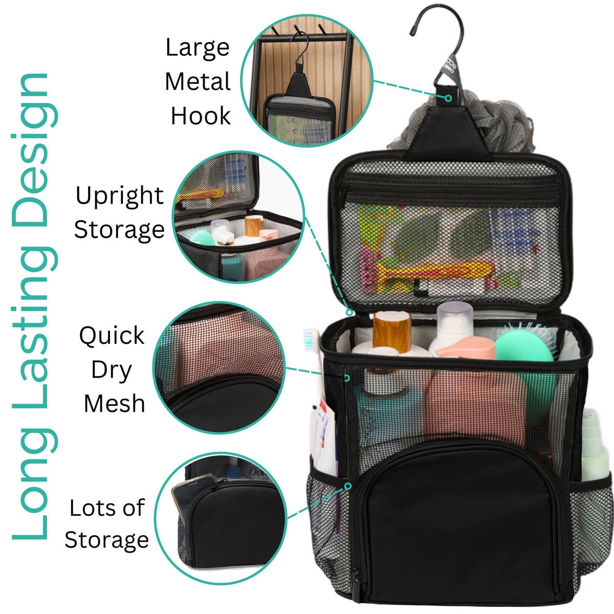 TERRA HOME caddy holds four full-size bottles in a dorm bathroom