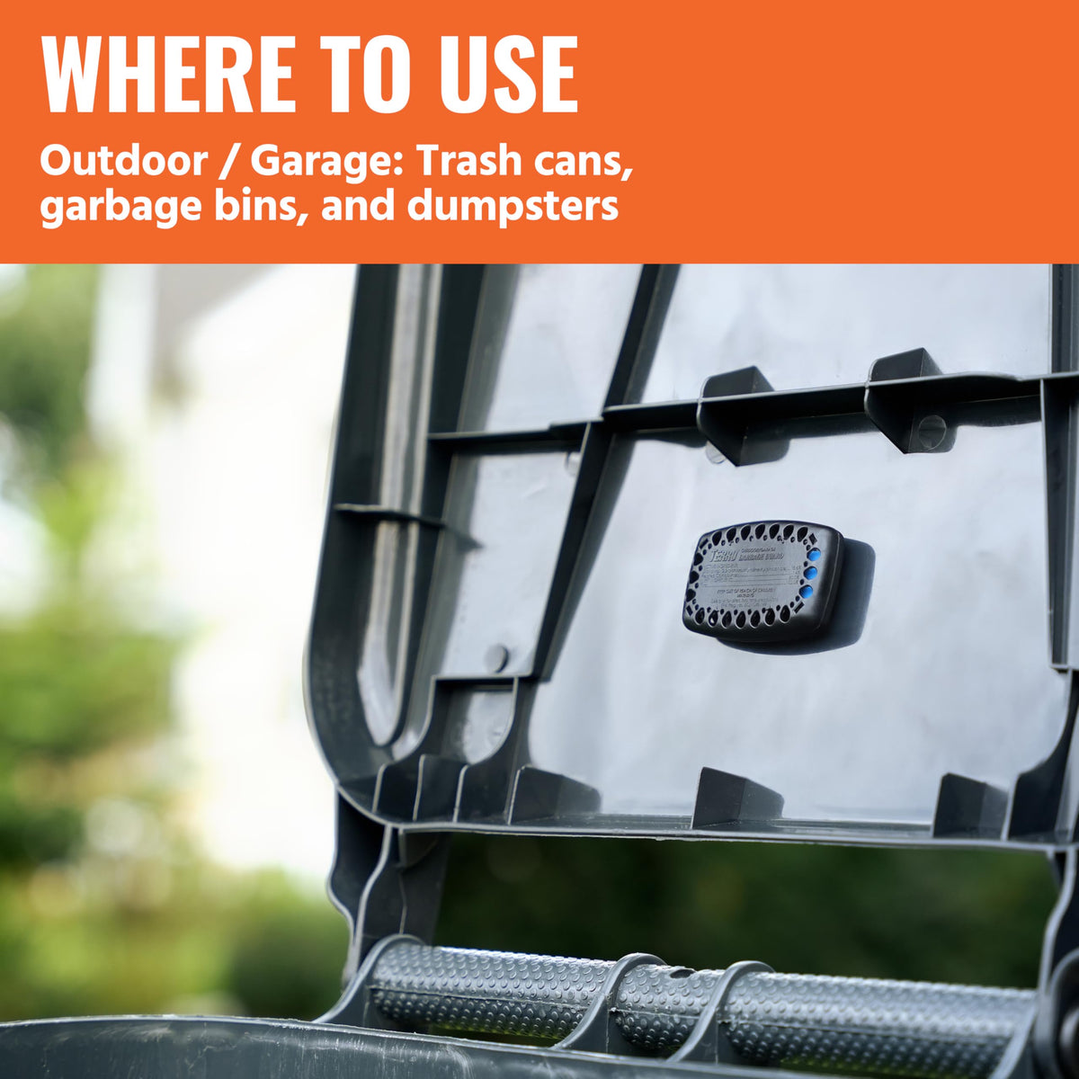Garage trash bin protected by Terro Garbage Guard in an outdoor space.