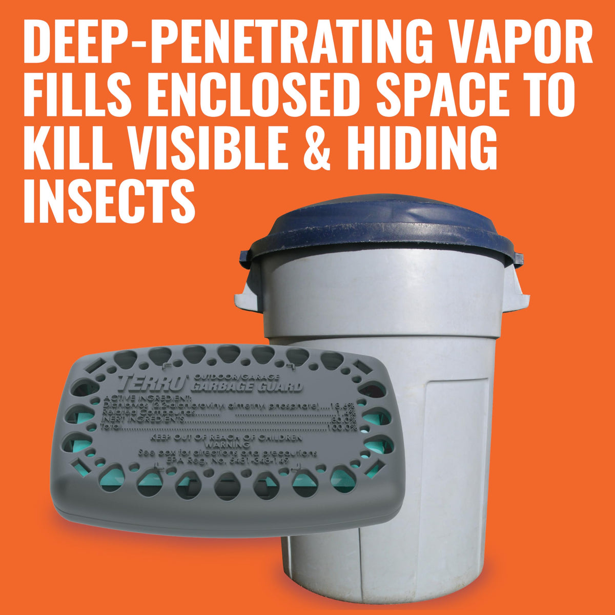 Outdoor trash bin setup with Terro Garbage Guard for pest protection.