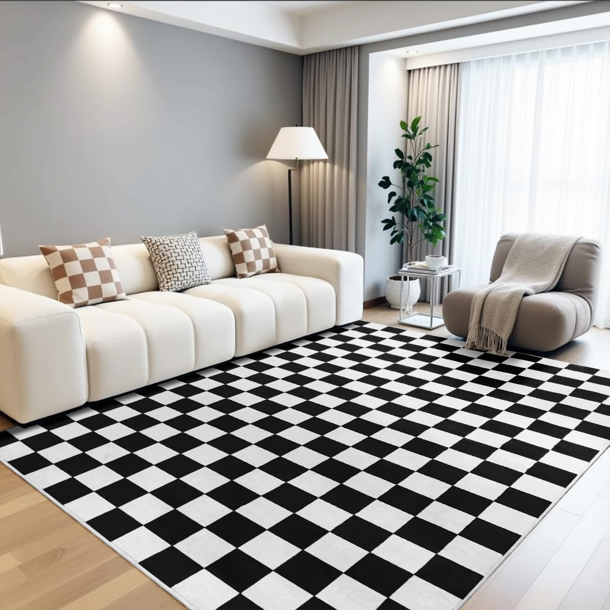 Terrug checkered rug 4x6 adds timeless contrast in a bright living room.