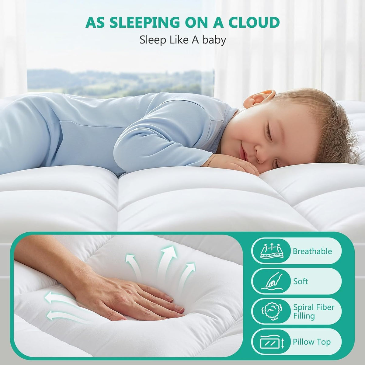 TESIONE Queen Mattress Topper deep-pocket fit securing 8–21 inch mattresses.