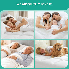 TESIONE Queen Mattress Topper unboxed, revealing immediate loft and puff.