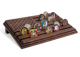 TESLYAR 6-Row Military Coin Display Stand on a desk, showcasing coins with flag-inspired elegance.