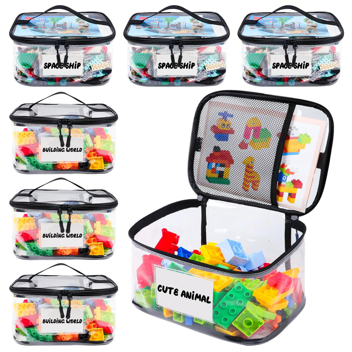 Tesuko 6-pack clear toy storage bags neatly organized on a shelf