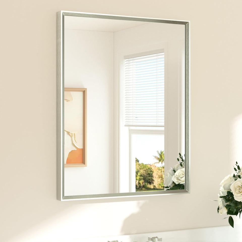 TETOTE brushed nickel mirror with beveled edge enhances light and depth.