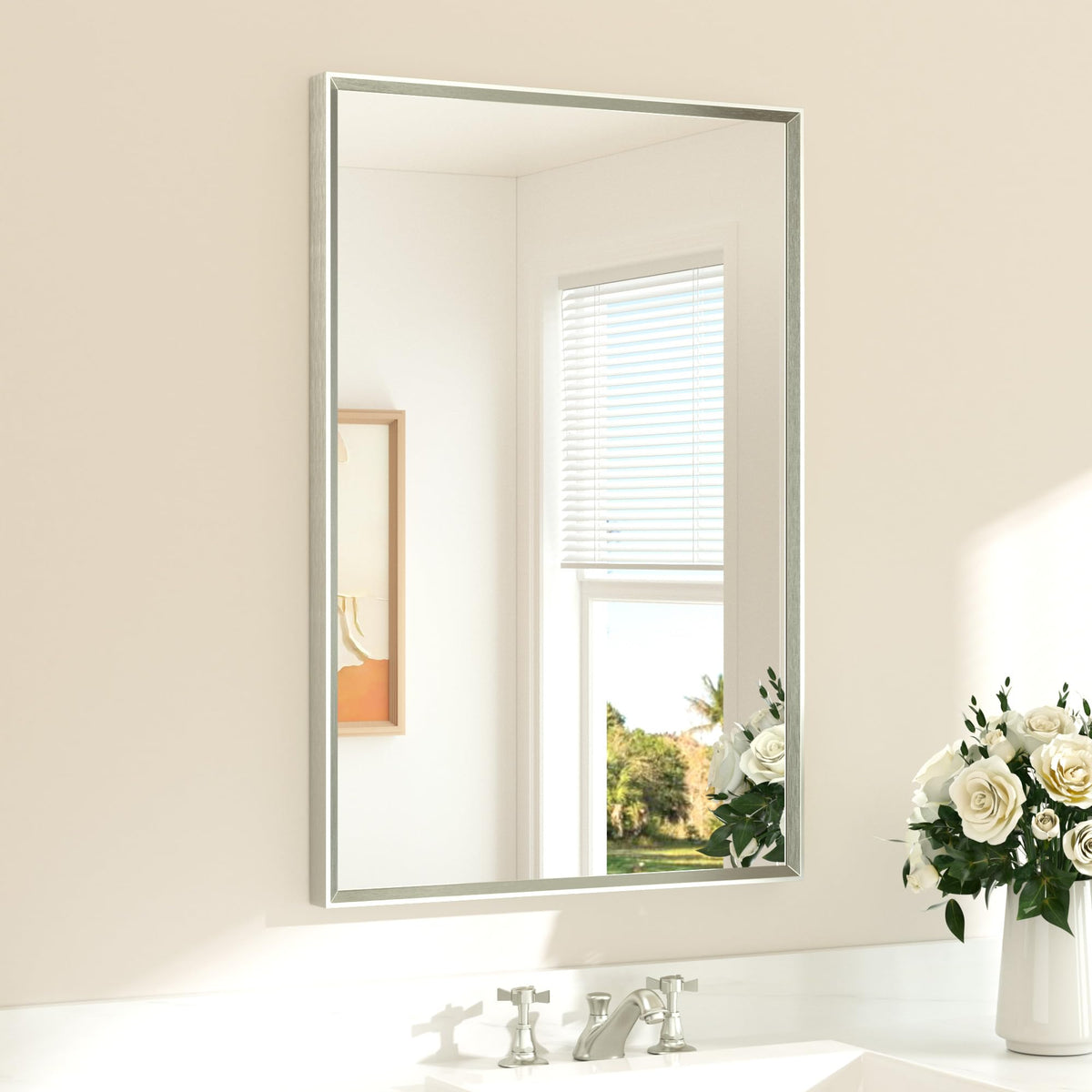 TETOTE brushed nickel mirror with beveled edge enhances bathroom light and style