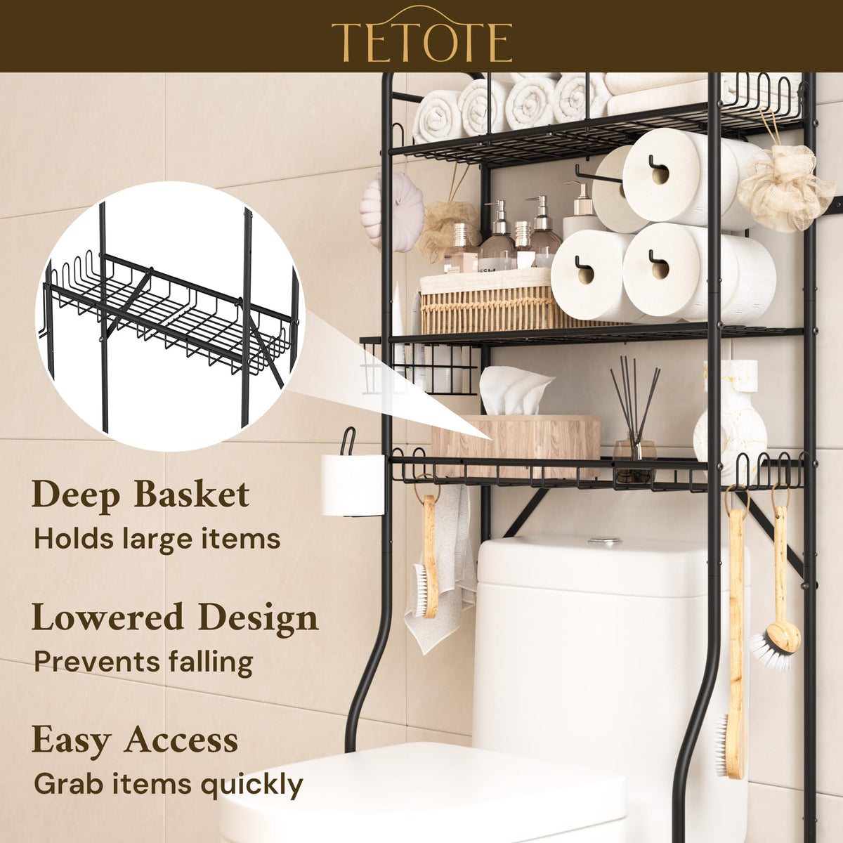 TETOTE front-mounted toilet paper holder within easy reach.