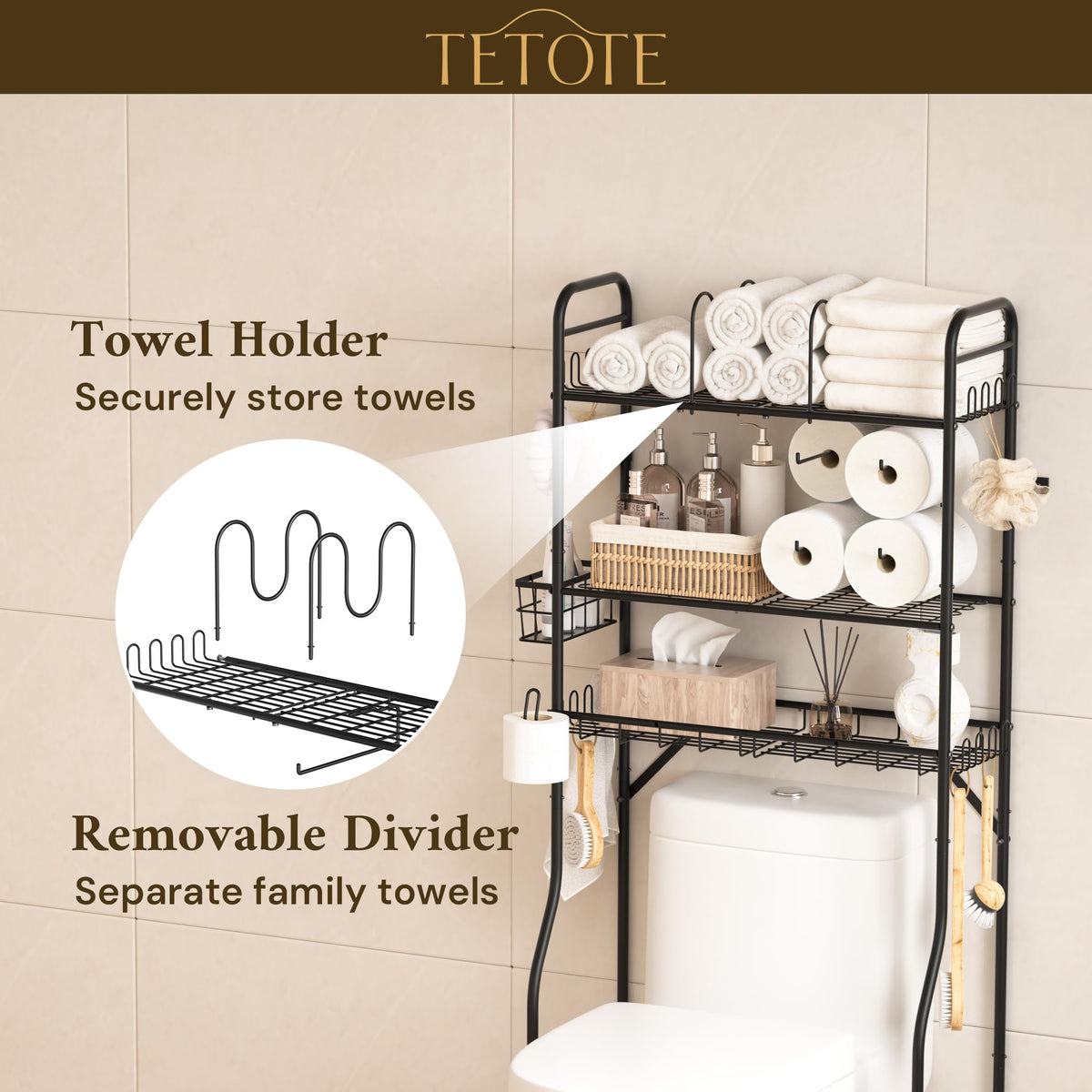 TETOTE magnetic spindles store toilet paper rolls securely.