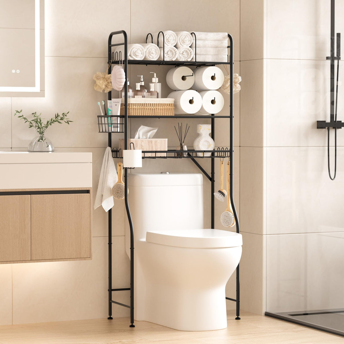 TETOTE over-the-toilet rack front view with 3-tier storage for bathroom organization.