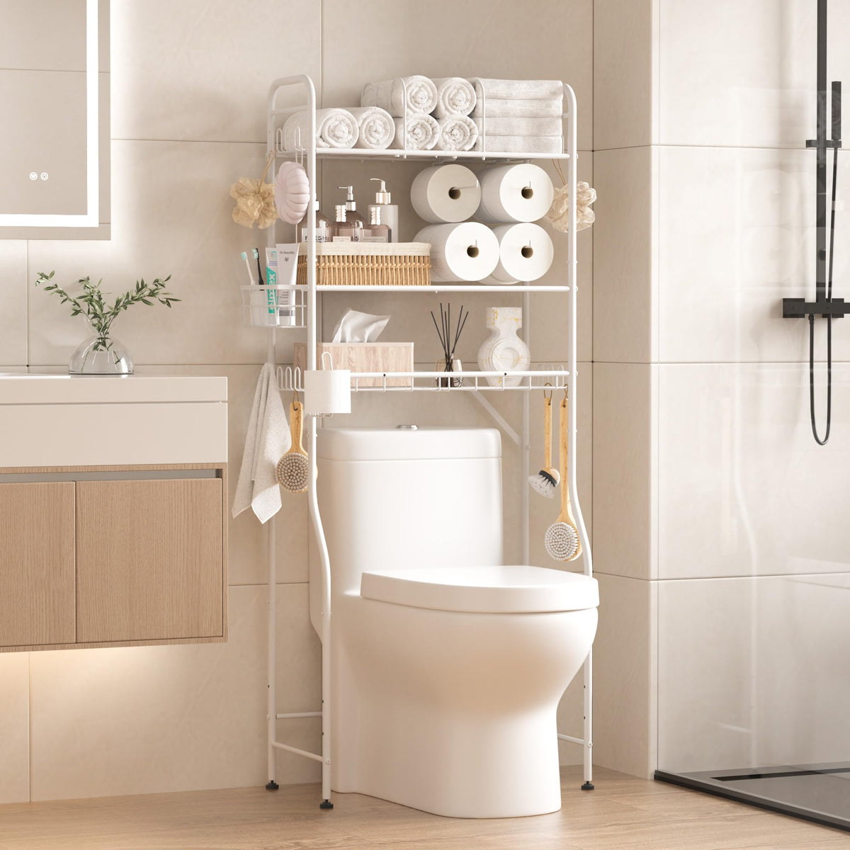 TETOTE over-the-toilet rack front view highlighting compact three-tier organization