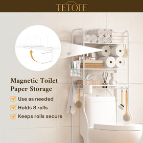 TETOTE magnetic spindles demonstrate storage for up to eight toilet rolls