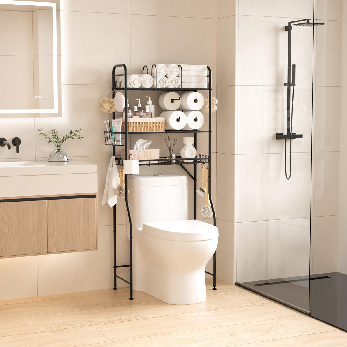 TETOTE sleek black finish on freestanding bathroom storage rack.