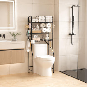 TETOTE sleek black finish on freestanding bathroom storage rack.