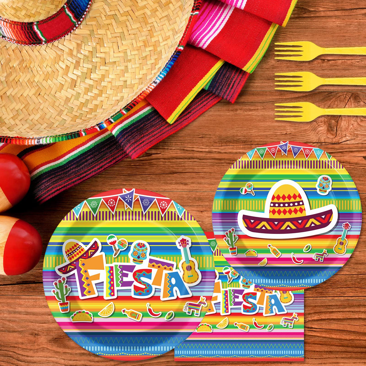 Tevxj fiesta party set image showing complete disposable tableware for easy hosting.