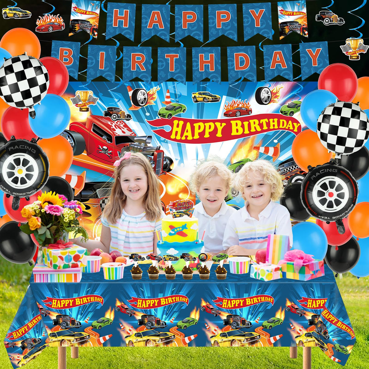 Tevxj race car balloons add color and festive height.