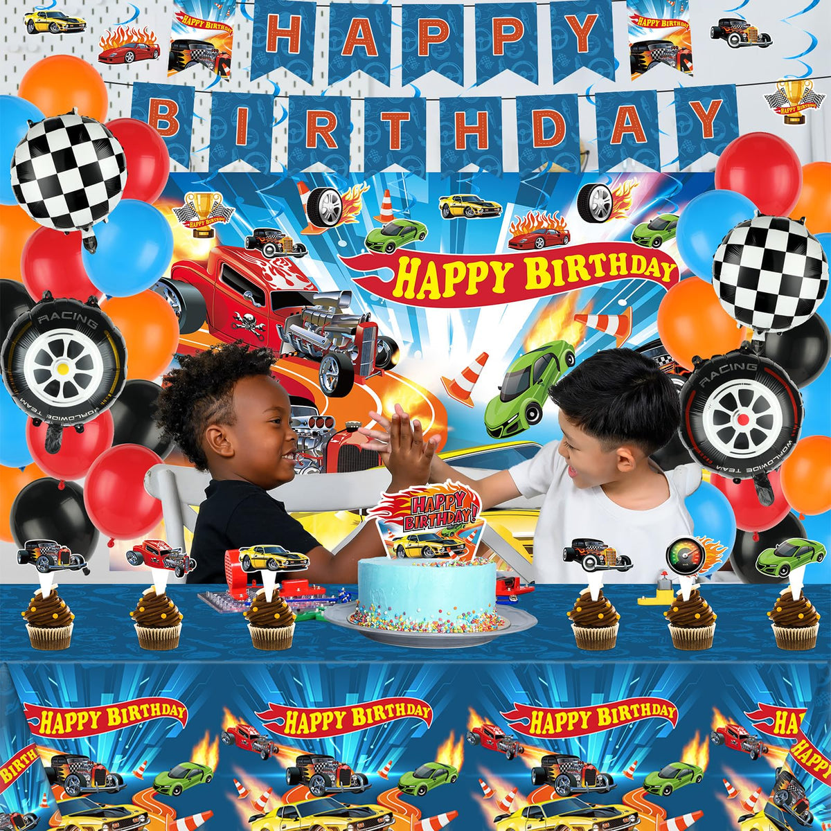 Tevxj race car banner ties party theme together.