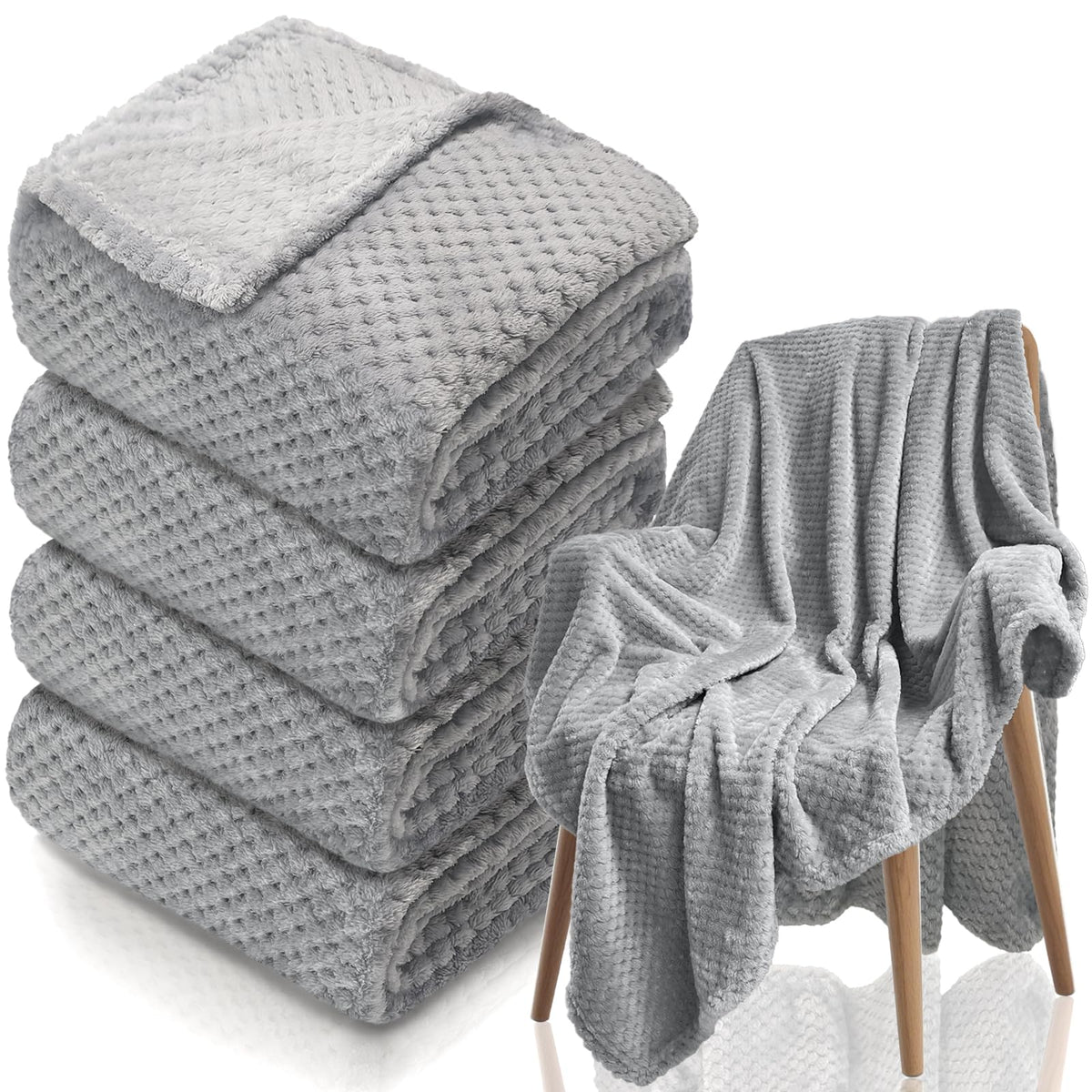 Tewloss 4-pack fleece throw blankets in gray displayed on sofa for broad coverage and warmth