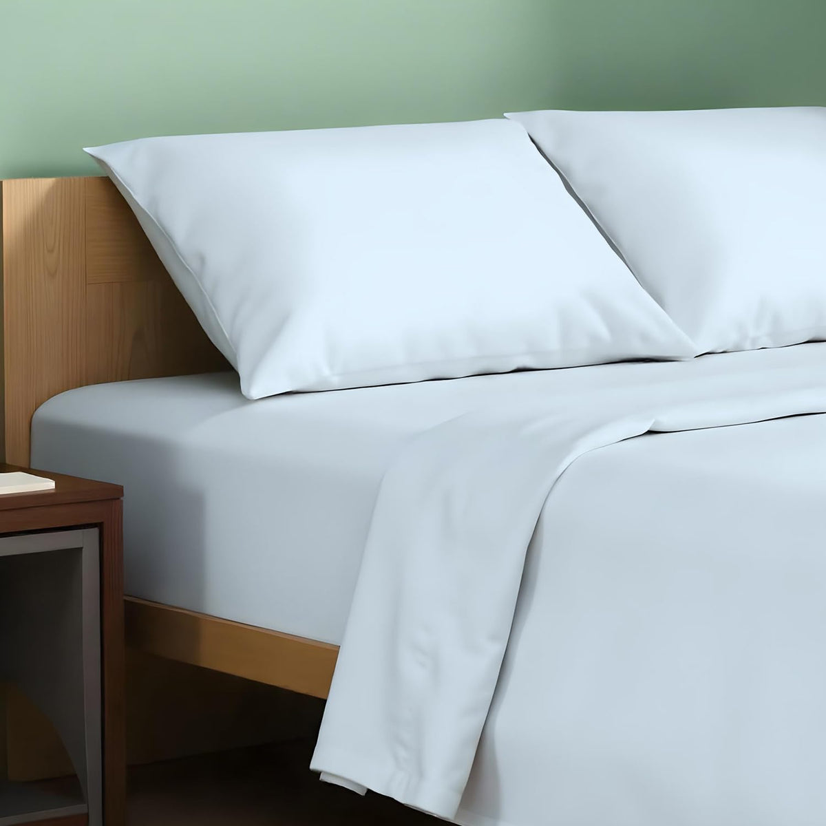 Texas Linen Co queen-size percale sheets folded on a bed for a crisp, cooling feel.