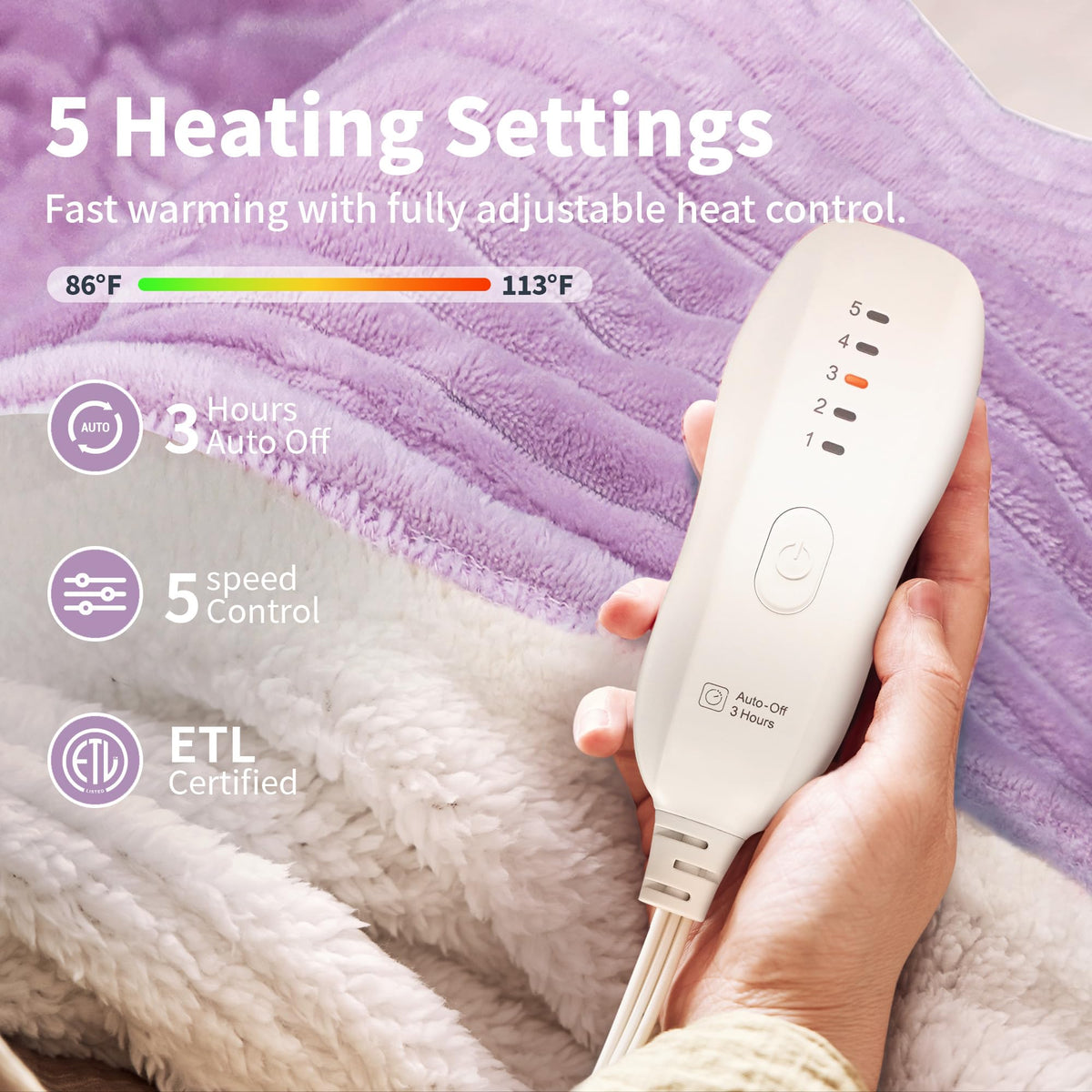 Texciting heated blanket auto-off feature after 3 hours for safe, worry-free use.