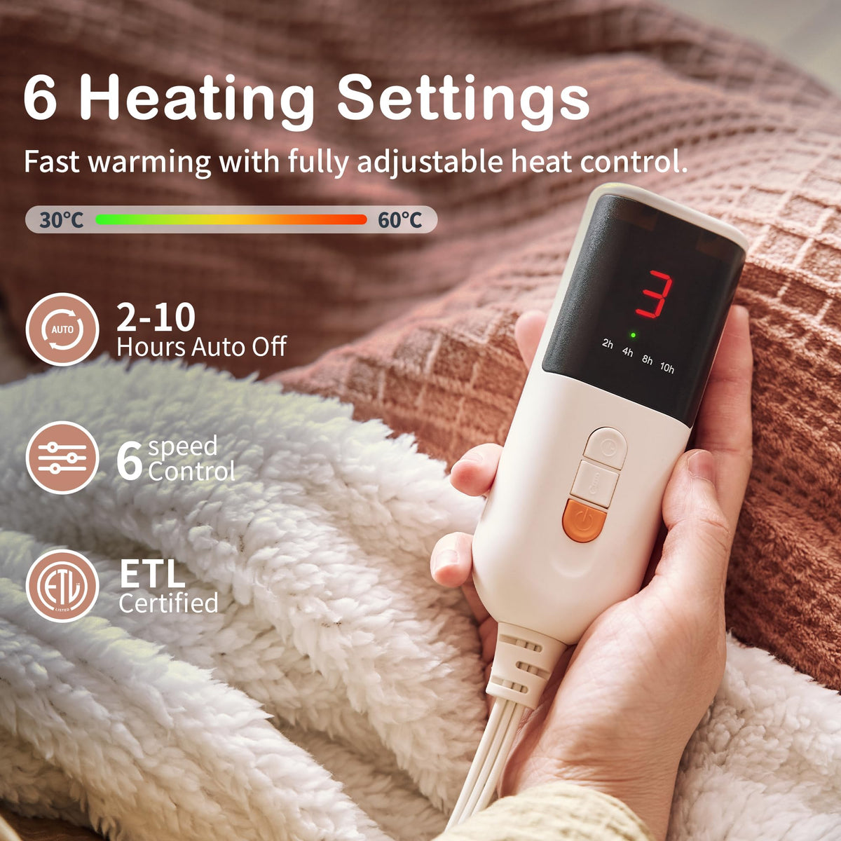 Texciting heated blanket draped over couch for relaxing warmth
