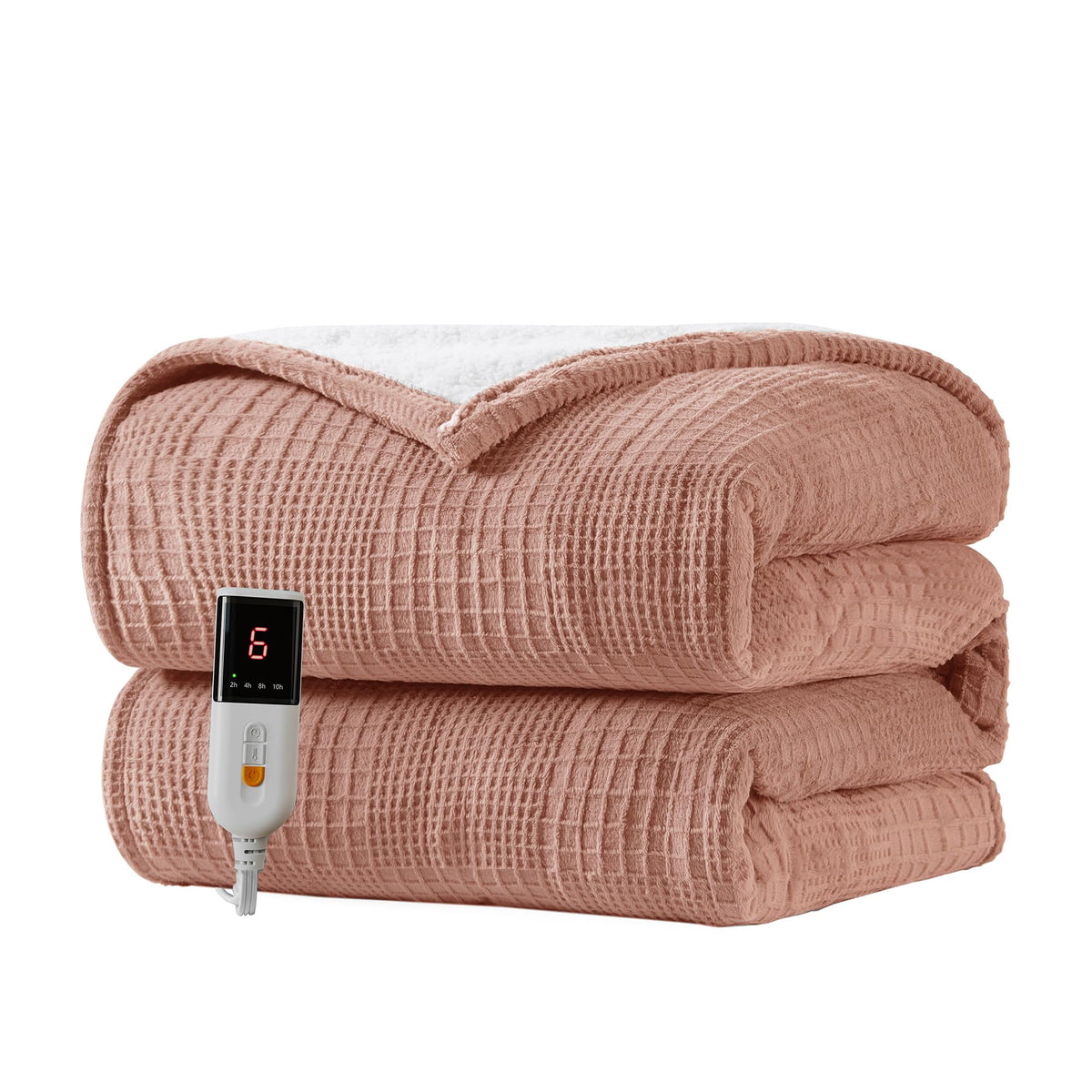 Texciting heated blanket on bed in fog rose for cozy warmth