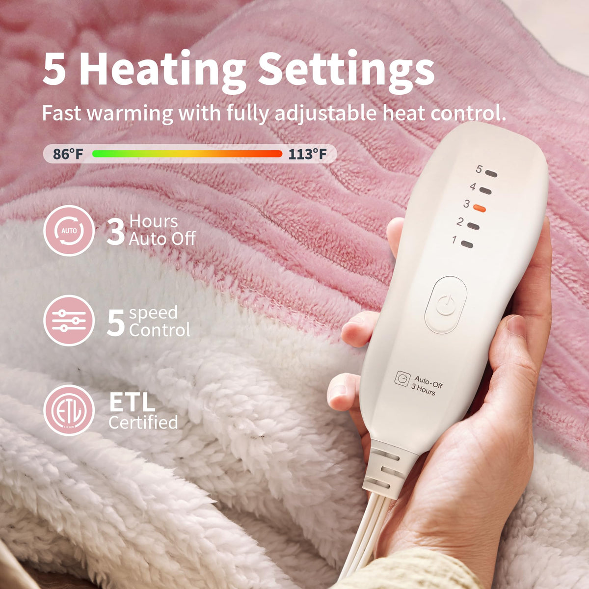 Texciting heated blanket digital control displaying five heat levels.