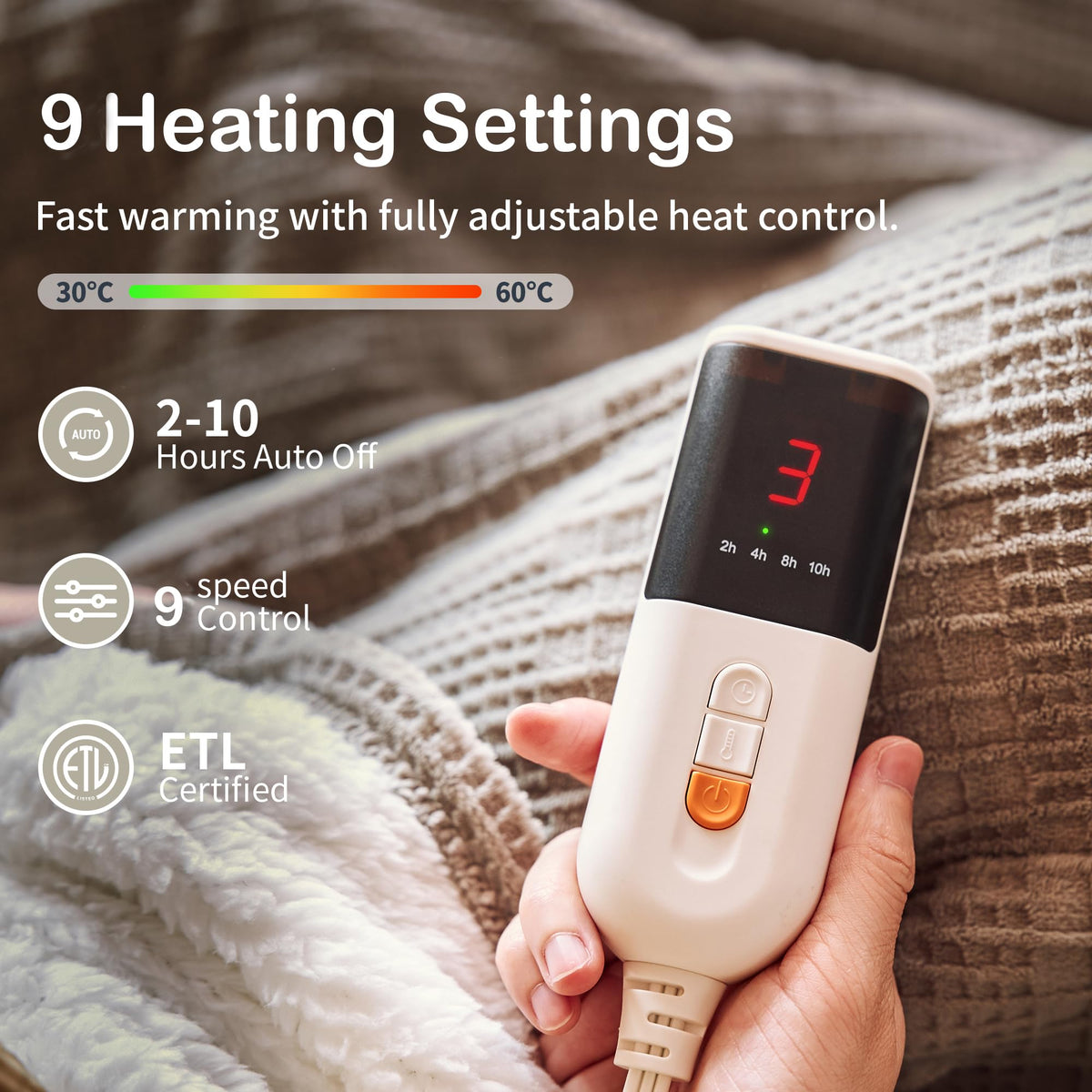 Texciting heated blanket throw showing 9 heat settings for comfort