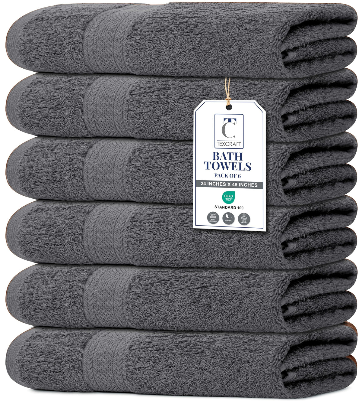 TEXCRAFT six-piece towels in charcoal grey folded to show plush, absorbent cotton.