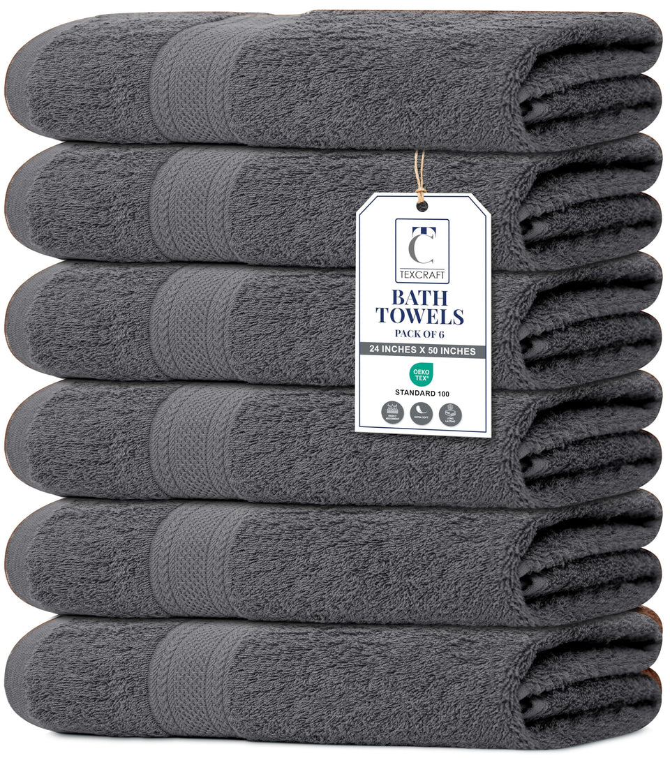TEXCRAFT large bath towels 24x50 in charcoal grey, ultra-soft and highly absorbent for daily use.