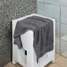 TEXCRAFT charcoal grey towels showing double-stitched hems for durability and longevity.