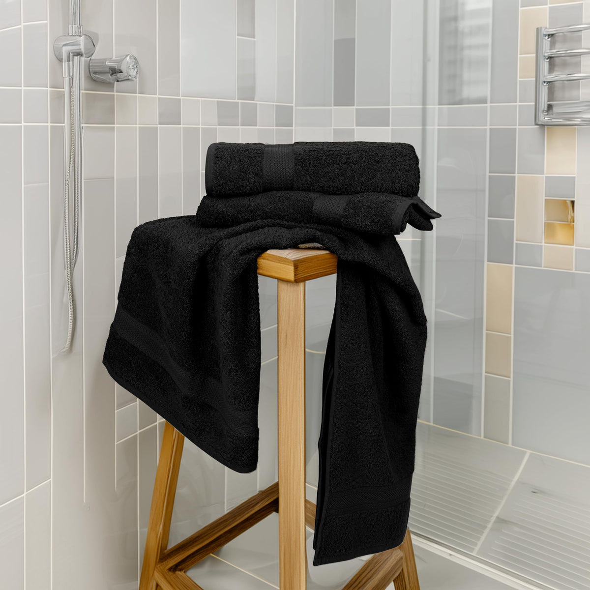TEXCRAFT bathroom setup with towels on rack for daily use.