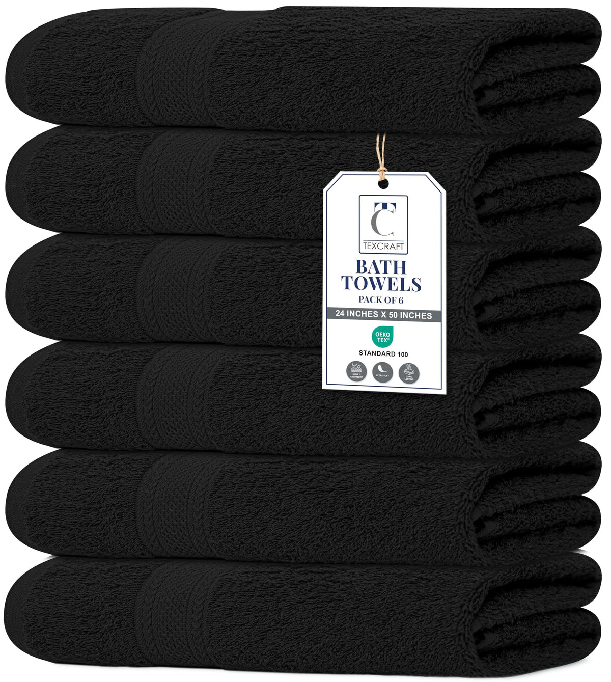 TEXCRAFT large bath towel set of 6 in black, ideal for full-body drying.