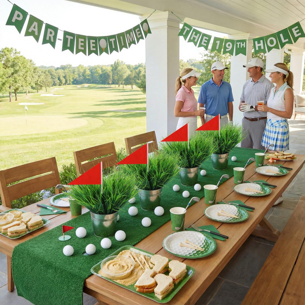 Teyva Daily green-white-red decor accents create cohesive golf party ambiance.