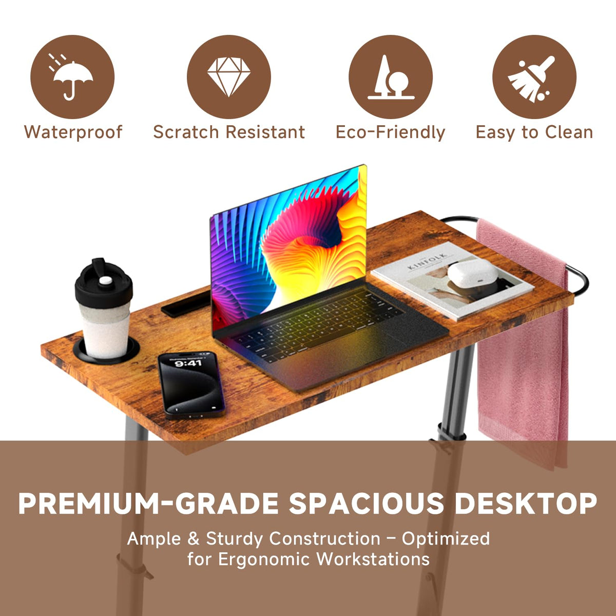 THAILE MDF-top workspace suitable for laptop, monitor, and beverages.
