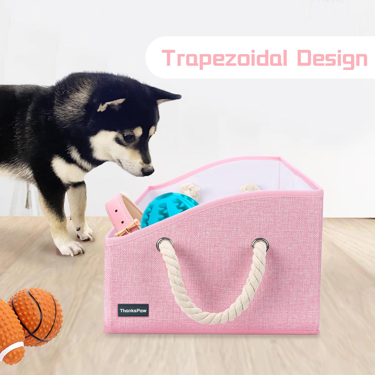 Thankspaw collapsible dog toy box pink collapsed for compact storage