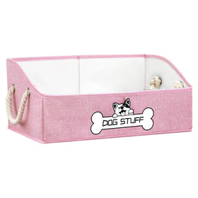Thankspaw collapsible dog toy box pink front view with sturdy rope handles for versatile storage