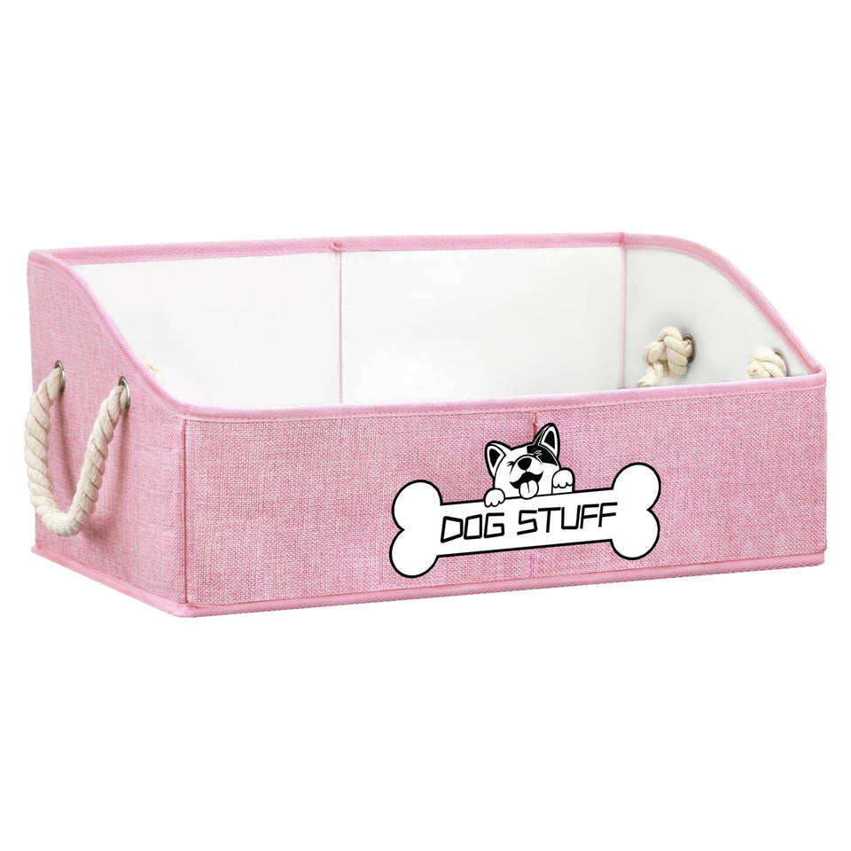 Thankspaw collapsible dog toy box pink front view with sturdy rope handles for versatile storage