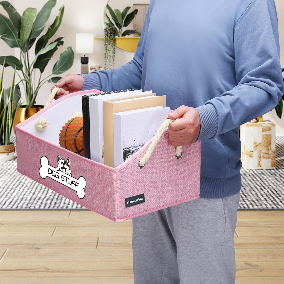 Thankspaw collapsible dog toy box pink open top reveals large capacity for toys