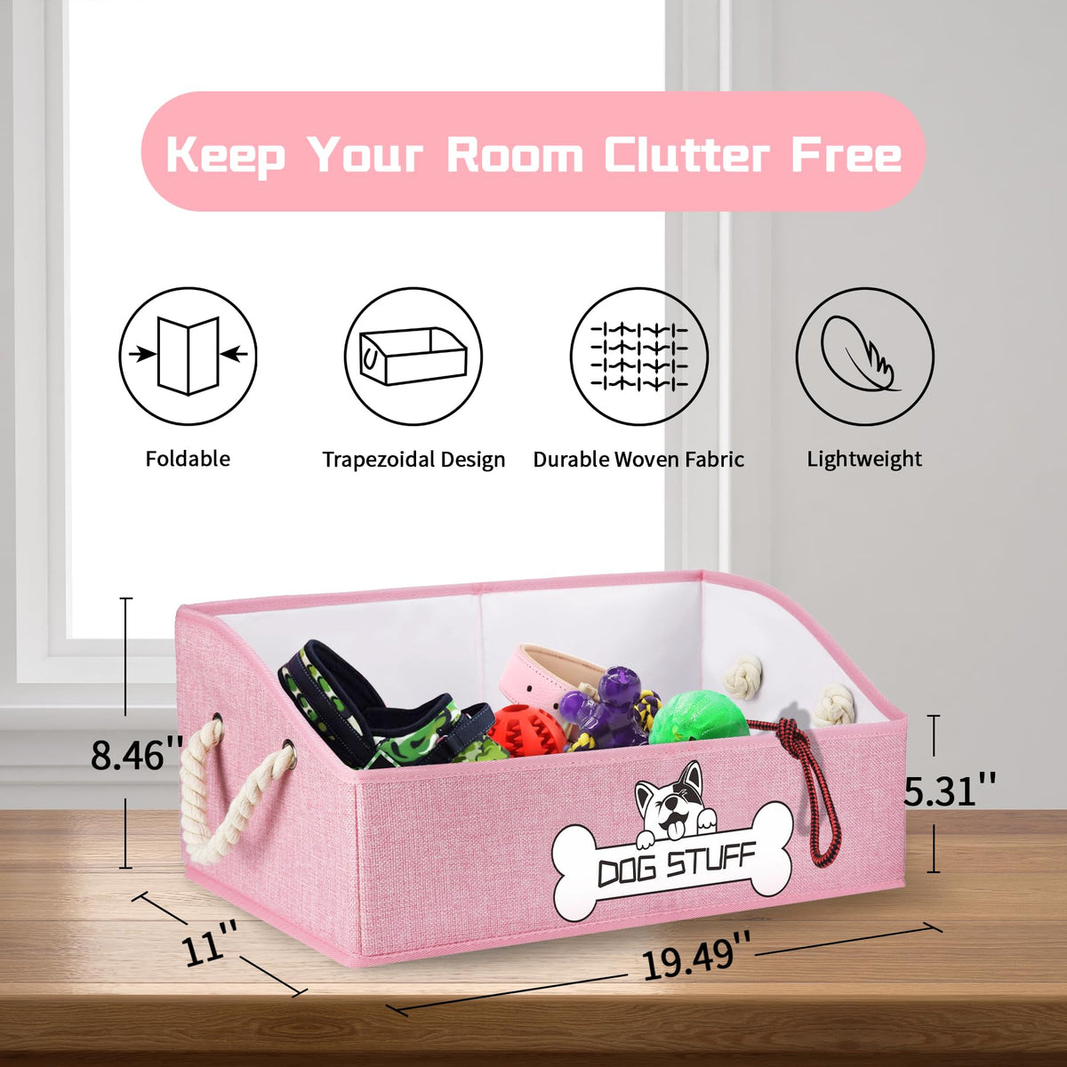 Thankspaw collapsible dog toy box pink side angle showing depth and spacious interior