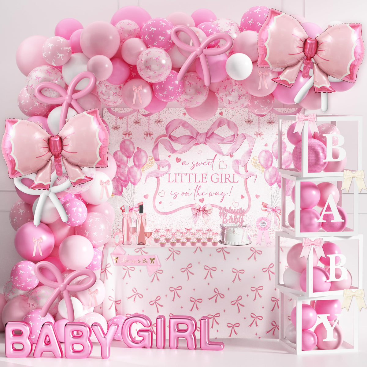 THAWAY 143PCS pink baby shower decorations kit with coordinated bow theme