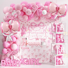 THAWAY 143PCS pink baby shower decorations kit with coordinated bow theme