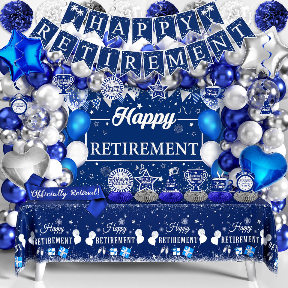 THAWAY blue silver retirement banner enhances photo-ready entrance