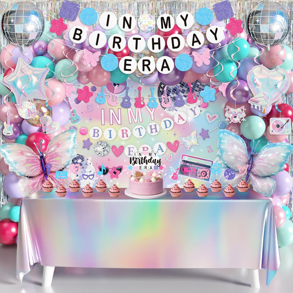 THAWAY In My Birthday Era backdrop in iridescent hues for a photo-ready party stage