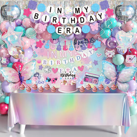 THAWAY In My Birthday Era backdrop in iridescent hues for a photo-ready party stage