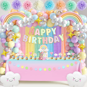 THAWAY pastel rainbow balloon arch kit adds a cohesive, photo-ready backdrop