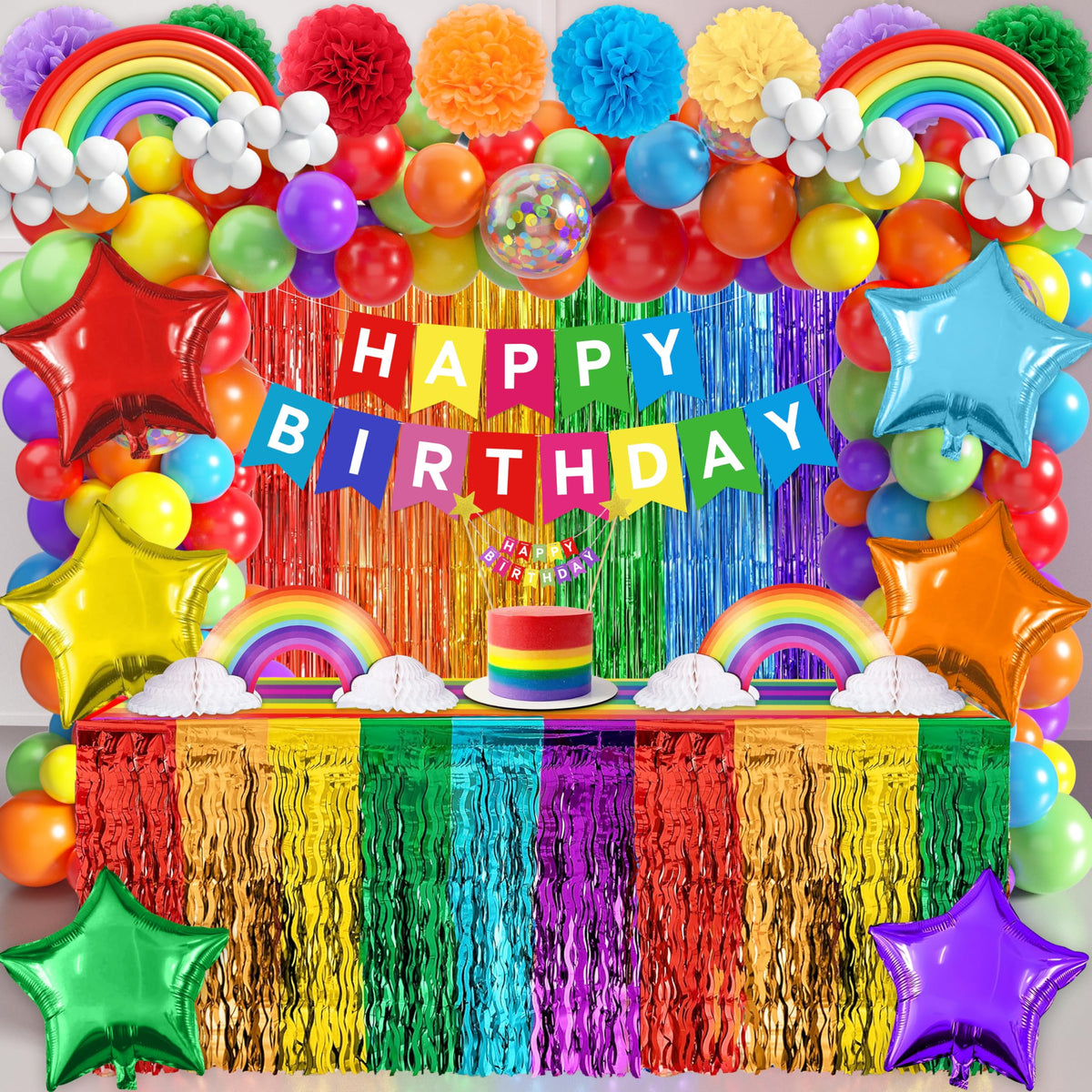THAWAY rainbow foil fringe curtains create a vivid birthday backdrop for photos.
