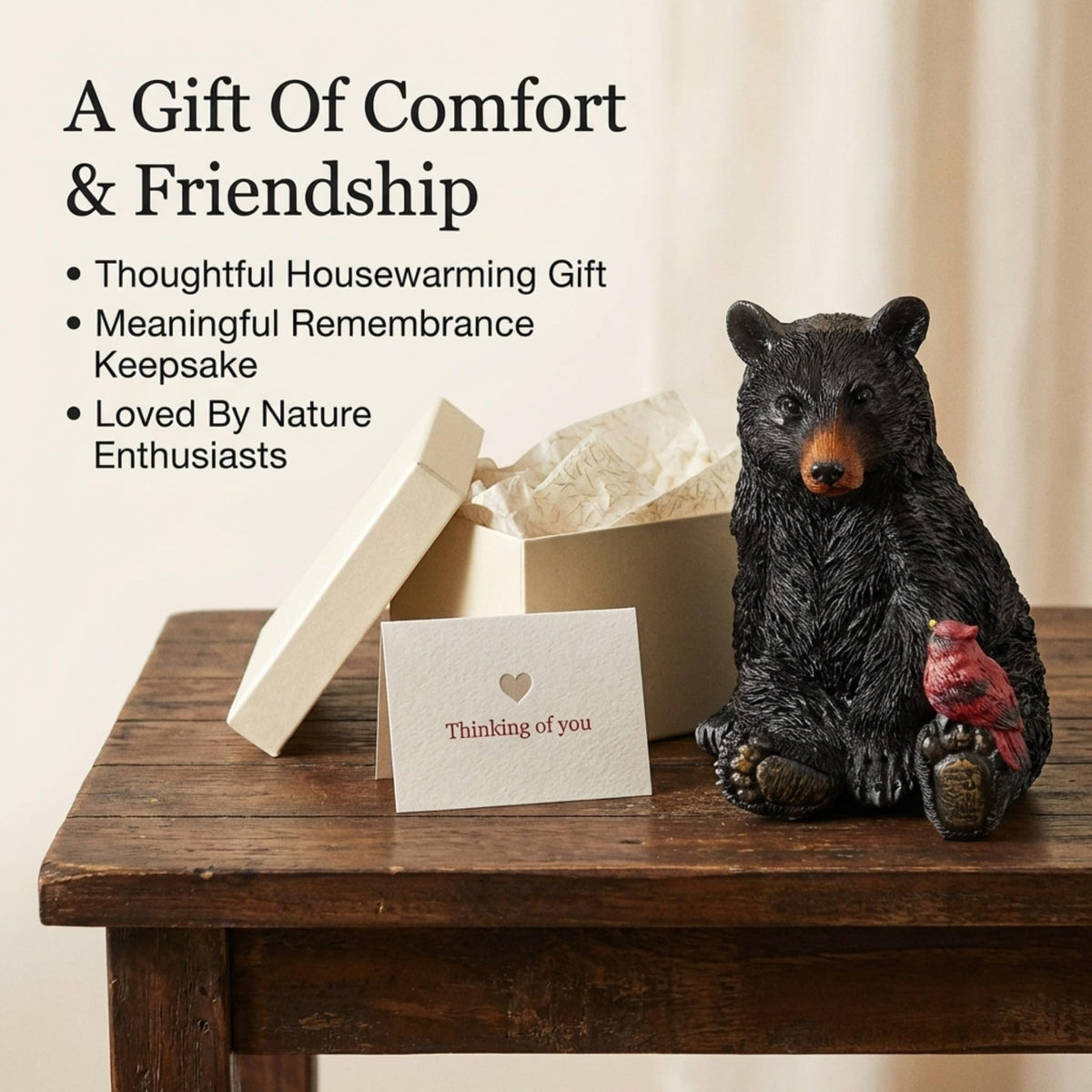 Figurine placed on mantel creating rustic charm and conversation starter.
