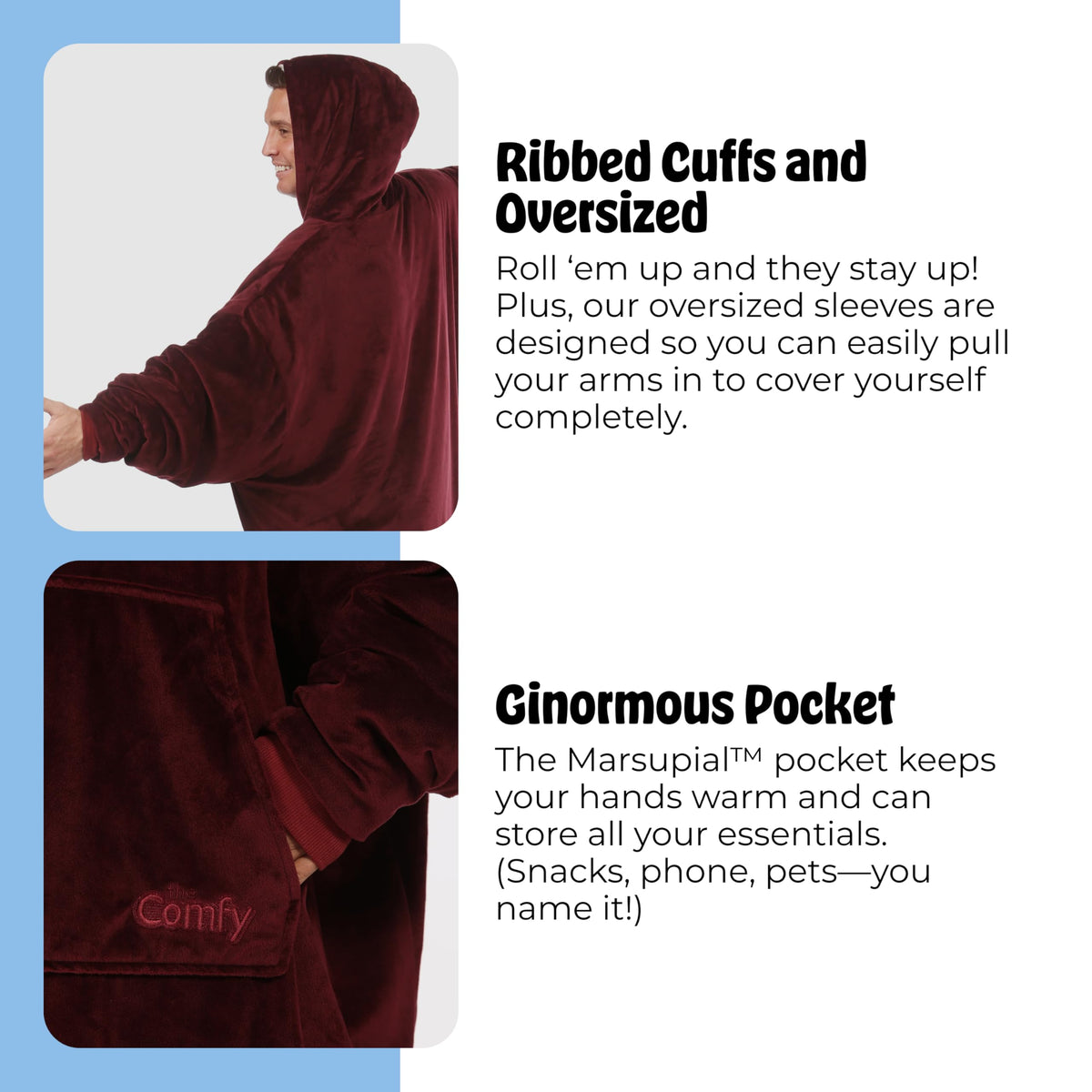 The COMFY Original cozy hood and pocket for warm comfort anywhere.