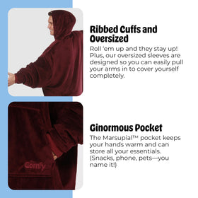 The COMFY Original cozy hood and pocket for warm comfort anywhere.