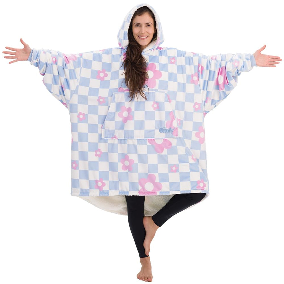 The Comfy Original hooded wearable blanket on model for cozy at home.
